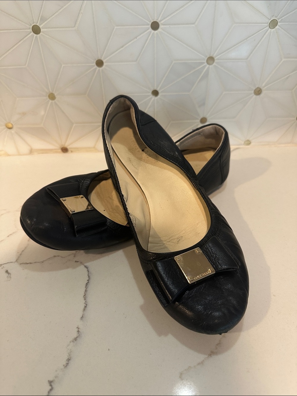 Cole Haan Tali Black Leather Ballet Ballerina Flat Shoes Bow Slip-on
